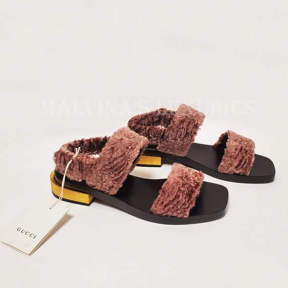 GUCCI SHOES RE-EDITION FAUX FUR MAUVE VELVET SANDALS - Picture 5 of 16